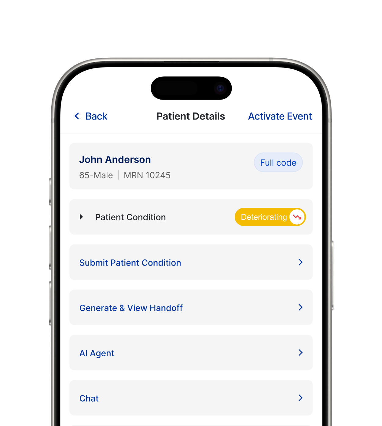 Foresia patient event workflow on a smartphone